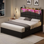 Queen Bed Frame with Headboard and LED Lights, Velvet Upholstered Bed Frame with Wooden Slats Support, No Box Spring Needed, No Noise, Black