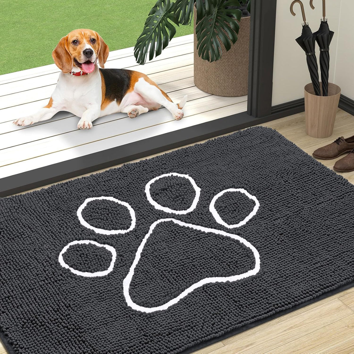 OLANLY Door Mat for Muddy Dog Paws 47x32, Ultra Absorbent Chenille Mud Doormat with Paw Print Design, Non-Slip Washable Doormat for Indoor Entryway, Quick-Dry Pet Bed Mats for Dirty Dogs, Dark Grey