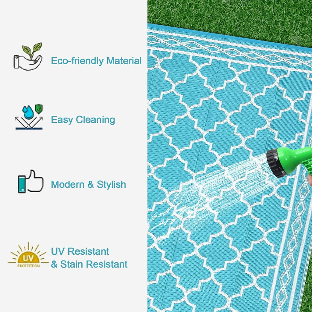 GAOMON Outdoor Rug Waterproof 8'x10', Reversible Outdoor Plastic Straw Rug, Boho Patio Rug, Indoor Outdoor Carpet, RV Mat Outside for Patio, Camp, Picnic, Balcony, Deck, Teal/White(Geometric)