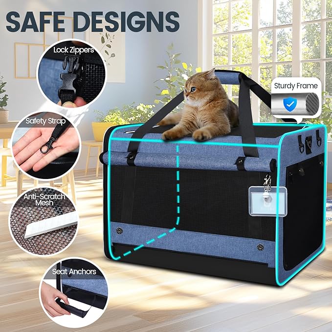 Petskd Extra Large Cat Carrier for 55LBS Pet Car Travel with Litter Box, 24"x17"x17" Soft Large Cats or Medium Dog Carrier with 5 Breathable Mesh Windows and Locking Zippers for Long Distance(Blue)