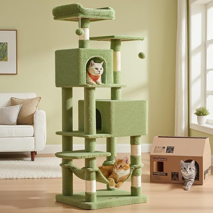 Feandrea Cat Tree, 59.5-Inch Tall Cat Tower, Plush Multi-Level Condo with 5 Scratching Posts, 2 Perches, 2 Caves, Hammock, 2 Pompoms, Grass Green UPCT192C02