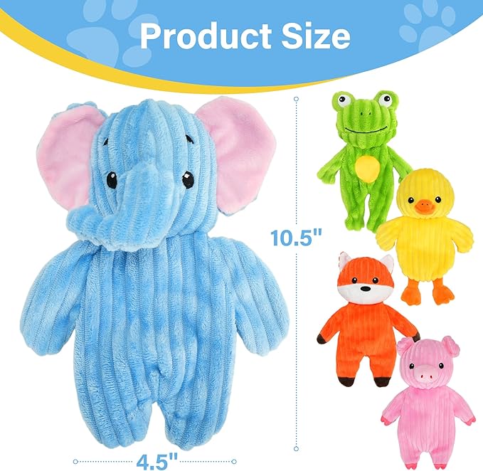 Prime Pets Dog Toys, 5 Pack, Plush Dog Squeaky Toys, No Stuffing Bodies, Crinkle Animals Pet Toy for Small Medium Large Dogs, Puppy Chew Toy to Keep Them Busy