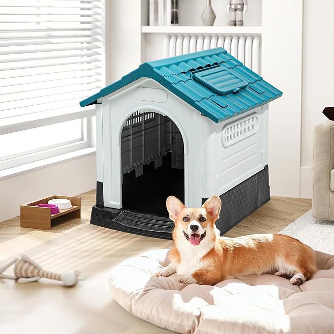 DWVO 26.8'' Plastic Foldable Dog House for Small Dogs, Waterproof Folding Pet House with Adjustable Top Window and Elevated Base (26.8''L x 22.4''W x 26''H)