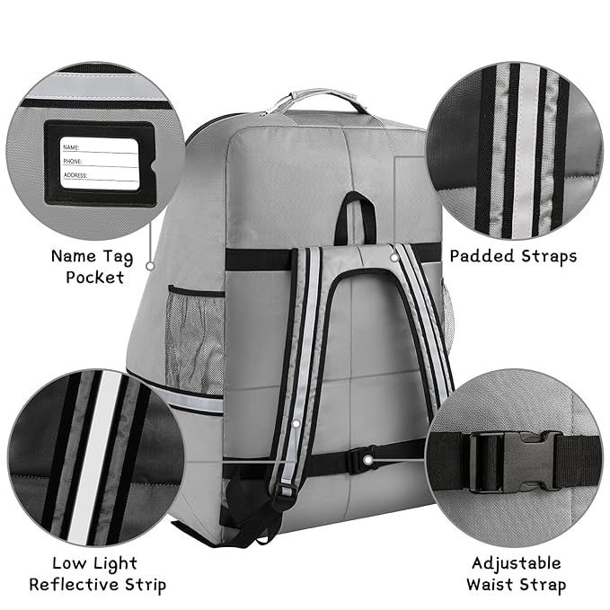 Car Seat Travel Bag,Padded Car Seats Backpack with Steel Cable Handle and Reflective Stripes, Large Durable Carseat Carrier Bag,Airport Gate Check Bag,Infant Seat Travel Bag with Shoulder Strap,Grey
