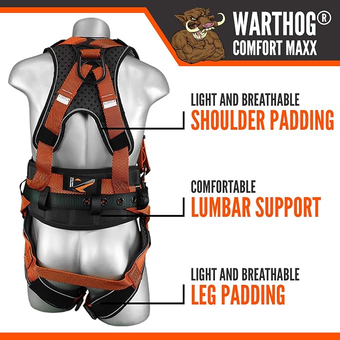 Warthog Comfort MAXX - Safety Harness for Construction – Fall Protection Equipment with Removable Belt and Lumbar Support, Side D-Rings, and Padding, OSHA & ANSI Compliant (L-XL)