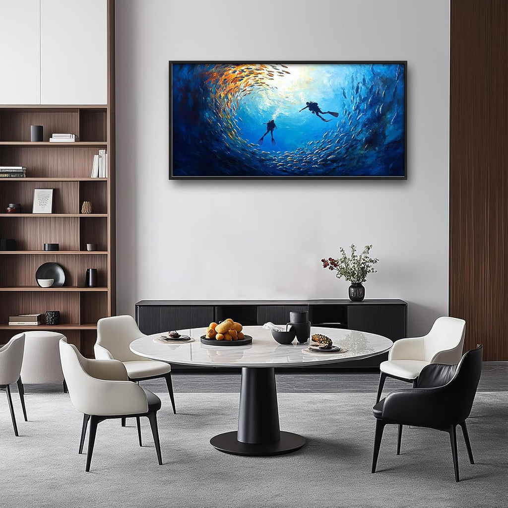 Large Ocean Diving Wall Art for Living Room, Framed Oversized Fish Wall Decor Underwater Marine Life Canvas Painting Modern Artwork for Living Room Bathroom Bedroom Office Dining Room 60"x30"