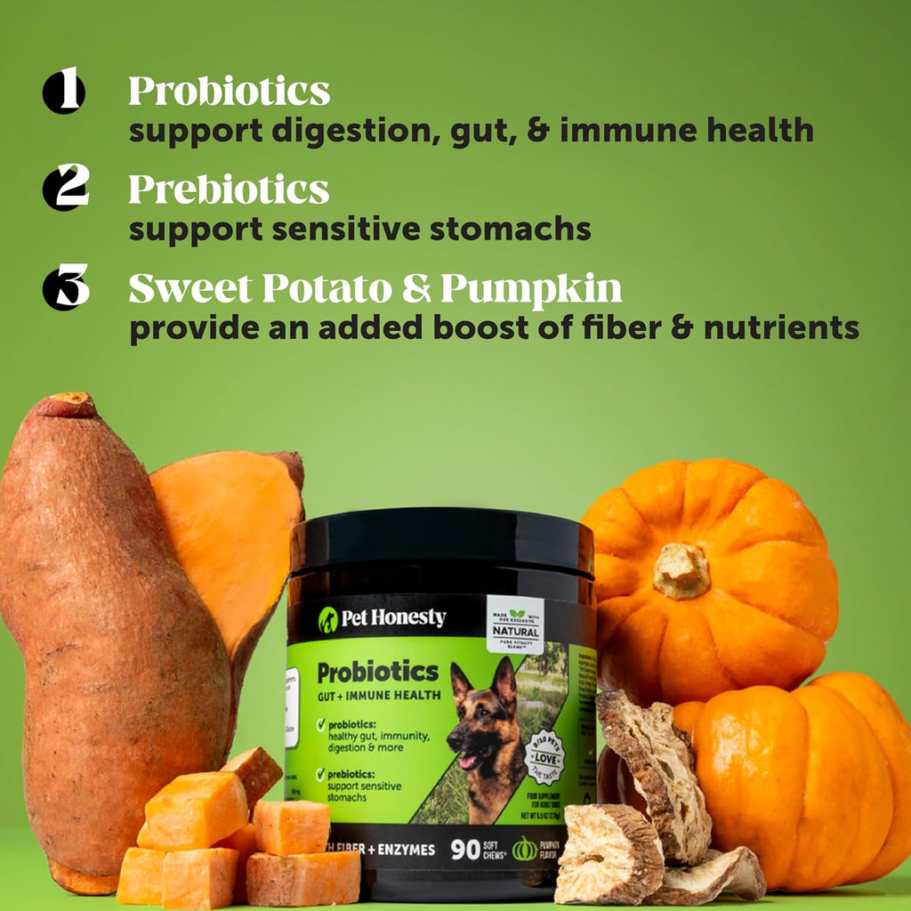 Probiotics for Dogs for Occasional Diarrhea & Bowel Support, Digestive Enzymes with Prebiotics for Gut Health for Dogs, Immunity Health & Itch Relief (Pumpkin 90 ct)