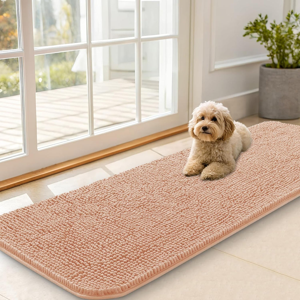 OLANLY Dog Door Mat for Muddy Paws 59x20, Absorbs Moisture and Dirt, Absorbent Non-Slip Washable Doormat, Quick Dry Chenille Mud Mat for Dogs, Entry Indoor Entryway Carpet for Inside Floor, Peach