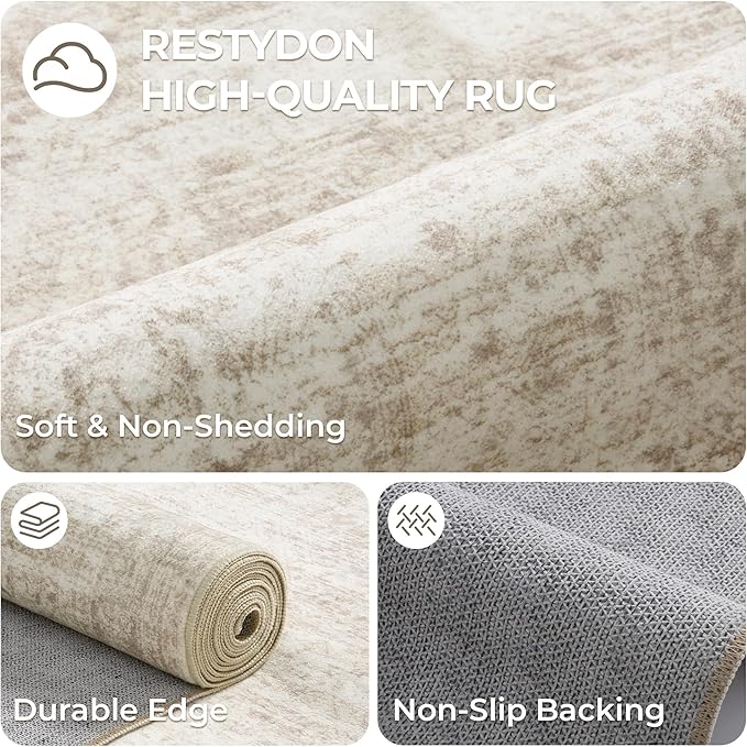 2x5 Rug Runner Washable for Entryway, Soft Bathroom Rugs with Non-Slip Backing, Abstract Low Pile Hallway Runner, Vintage Small Kitchen Carpet for Stair, Laundry Room(2'x5', Beige/Ivory)