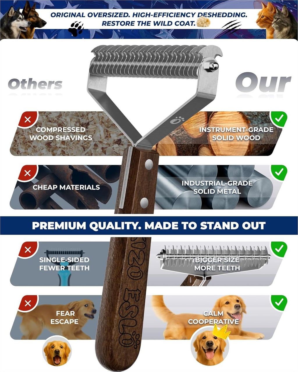 Extra Large 2-Sided Undercoat Rake for Dogs & Cats, Dog Brush for Shedding Remove Mats, Dematting Comb, Safe & Gentle Grooming Brush for German Shepherds Medium to Long-Haired Pets (Walnut Handle)
