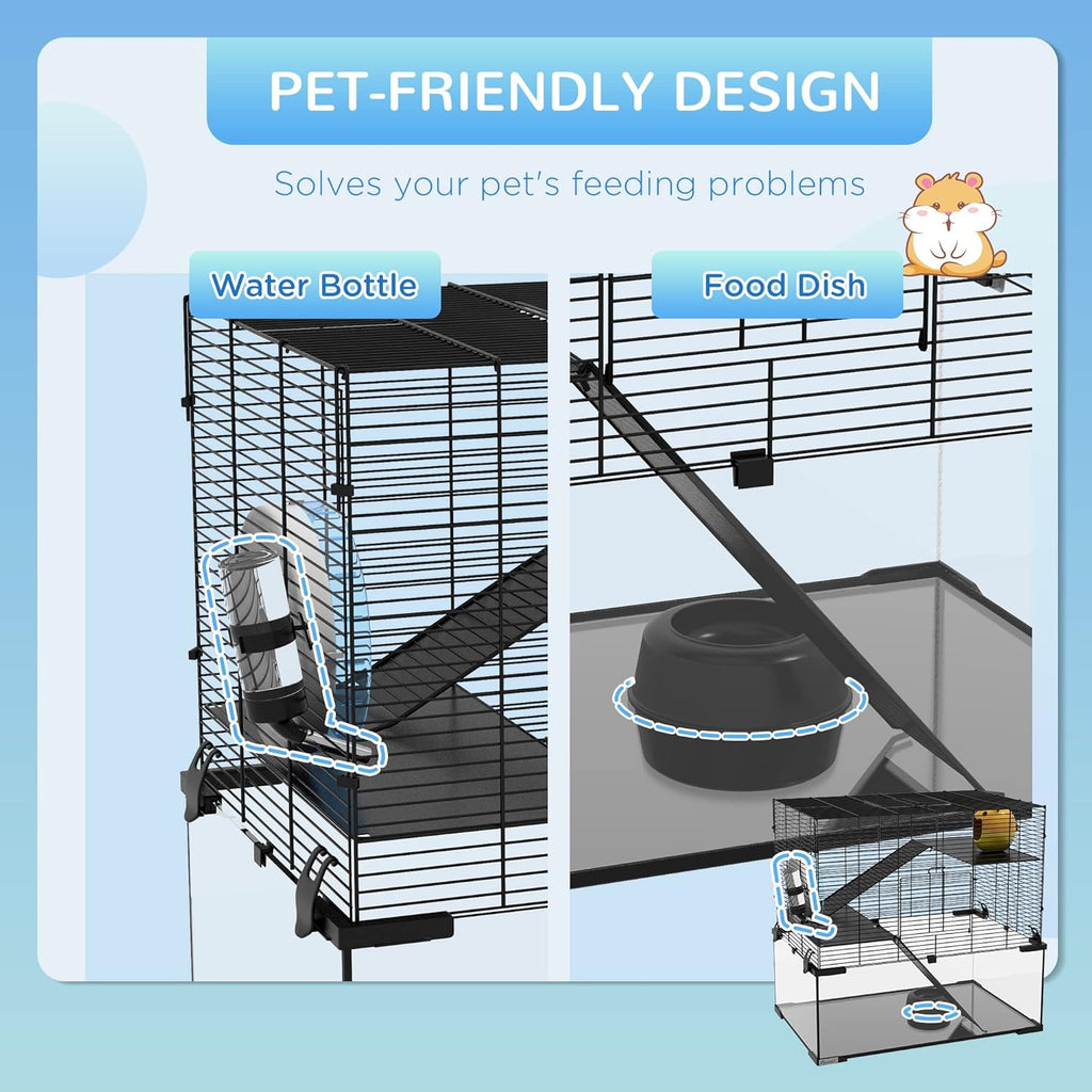 PawHut Large Hamster Cage with Deep Tempered Glass Bottom, 3 Tiers Hamster Tank with Running Wheel, Hut, Water Bottle, Dish, Rat Cage for Syrian, Dwarf, Gerbils, Mouse, 23.5" x 16" x 22.5", Black