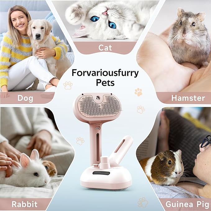 Pet Grooming Brush with Electronic Mist Spray - Gentle Deshedding Tool for Cats & Dogs, Pet Steam Brush，Reduces Shedding, Soft Bristles, Promotes Healthy Coat-Comes with a hair smoothing comb-Red