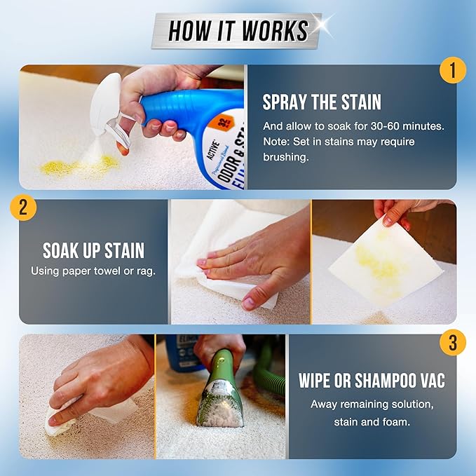 Pet Odor and Stain Eliminator - 32 oz ACTIVE Enzyme Cleaner for Dog & Cat Urine, Stain Remover Spray for Carpet, Upholstery, Hardwood, Spot Cleaning, Deodorizer for Dogs Cats Pets - Natural Citrus Oil