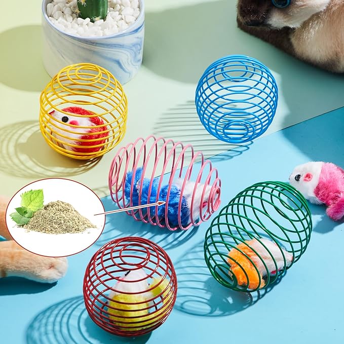Jecery 5 Pcs Halloween Cat Spring Balls Toys Stretchable Rolling Balls Colorful Playful Coils Interactive Spring Action Toy Caged Rats for Kitten Cat Pet Supplies(Catnip Rats,Bright Color,5 Pcs)