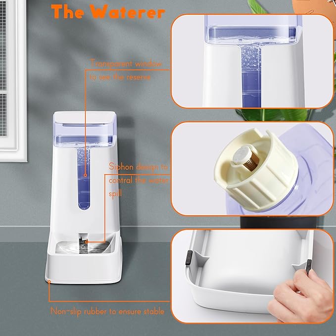 2 Packs Automatic Cat Feeder and Waterer, Gravity Dog Food and Water Dispenser Set for Small Medium Big Pets Cats Dogs Puppy Kitten, 1 Gallon x 2 (White)