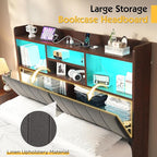 Full Farmhouse Bed Frame with Bookcase Headboard and 4 Drawers, LED Storage Bed with Charging Station & Linen Upholstered, No Box Spring Needed, Reclaimed Barnwood