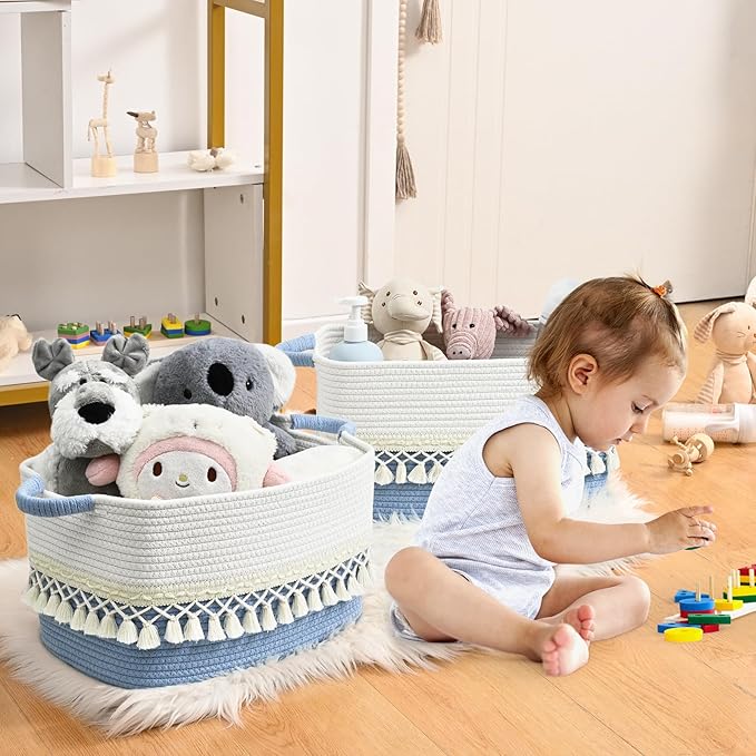 3 Pack Storage Basket for Shelves, Boho Cotton Rope Storage Bins with Heavy Tassel, Shelf Baskets Large Woven Baskets for Organizing, Cube Organizer Bins, Baby Laundry Basket for Clothes, Toys, Pets