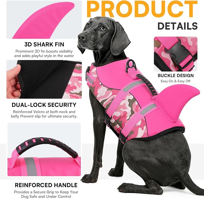 Dog Life Jacket Ripstop Dog Shark Safety Vest Adjustable Preserver with High Buoyancy and Durable Rescue Handle for Small,Medium,Large Dogs, Pink Camouflage XX-Large