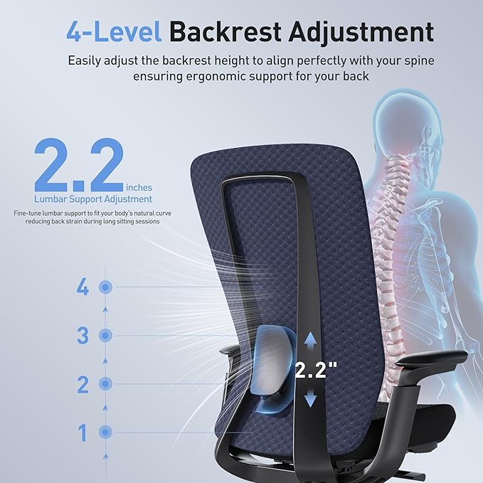 Executive Office Chair with 4D Adjustable Arms & Lumbar Support - Mesh Seat Depth Adjustment, 107°-115°-123°-132° Recline, Memory Foam & Aluminum Base for Modern Home/Office,Blue