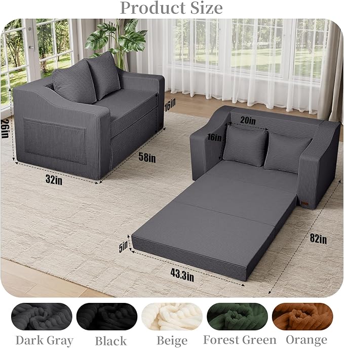 MeMoreCool Convertible Sofa Bed, Pull Out Loveseat Sofa Sleeper Couch for Bedroom Living Room Lounge, 2 in 1 Small Couch Bed with Pillow, Foldable Love Seat Futon Corduroy Grey