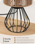 Small Bedside Lamp, Boho Table Lamp with Handwoven Paper Lampshade & Black Metal Base, Rattan Desk Lamp, Modern Nightstand Lamp for Bedroom, Living Room, 2700K LED Bulb Included, SW06TL05