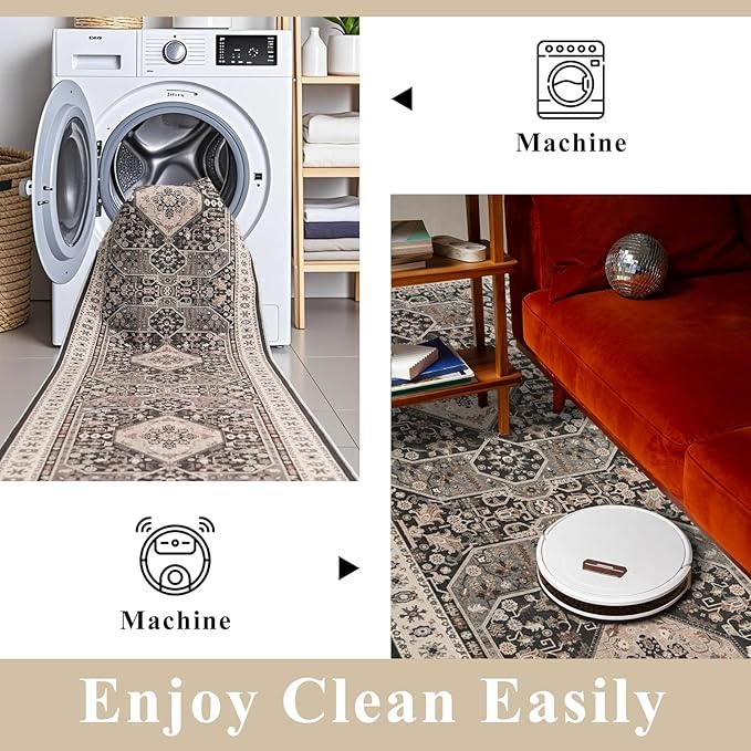 2x8 Halway Washable Runner Rug - Ultra-Soft Wide Kitchen Carpet with Non Slip Backing Stain Resistant Bedroom Laundry Rugs Durable Vintage Distressed Floor Decoration Mat for Bathroom 2x8 Black