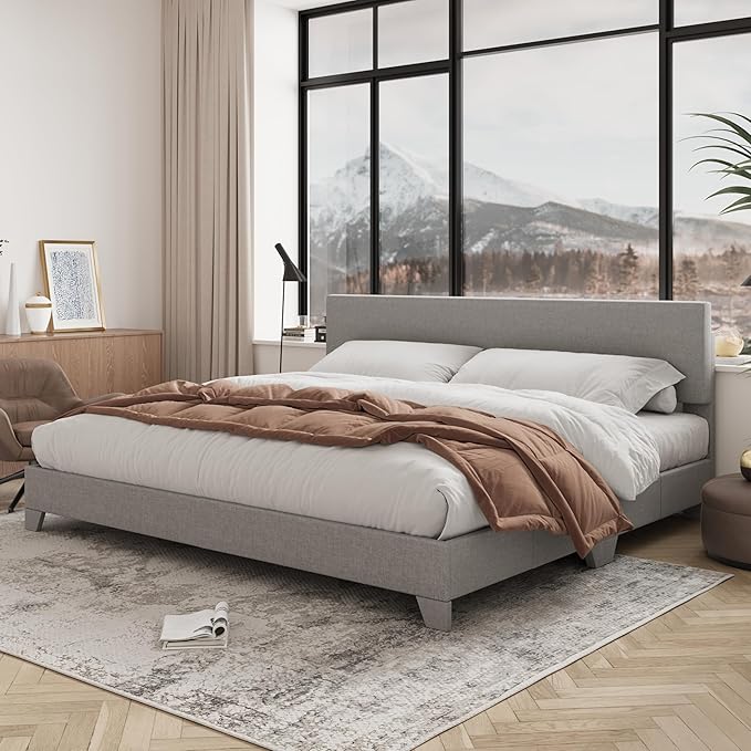 Allewie King Size Platform Bed Frame with Adjustable Upholstered Headboard, Strong Wood Slats, Heavy Duty Mattress Foundation, No Box Spring Needed, Noise-Free, Easy Assembly, Light Grey