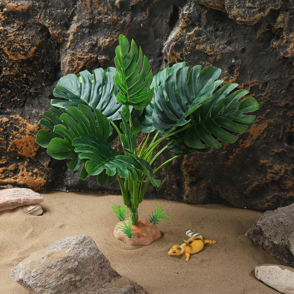IBWell Reptile Plants - Tortoise Habitat Accessories, Artificial Spider Plant for Gecko, Ball Python, Terrarium Decor - Monstera