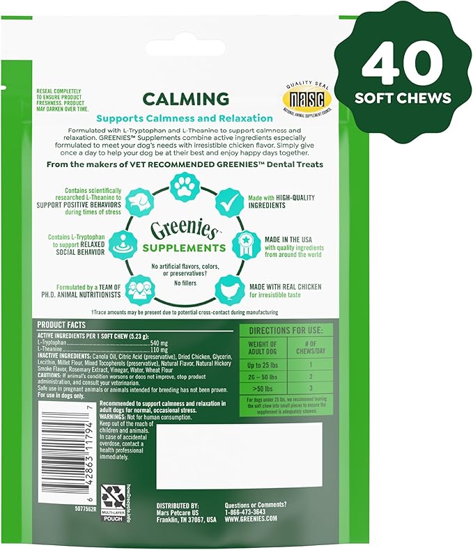 Greenies Supplements Calming Chews for Dogs Chicken Flavor, 7.3 oz. Container of 40 ct.