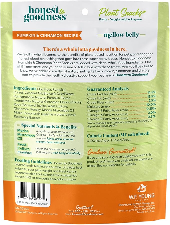 Honest to Goodness Plant Snacks Mellow Belly Pumpkin & Cinnamon Recipe Dog Treats, Enriched with Omega 3s & Postbiotics, 8oz