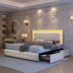 Queen led Bed Frame with 4 Drawers, Upholstered Platform Bed with Solid Wooden Slats Support, No Box Spring Needed, 900 lbs Capacity, Easy Assembly, Velvet Cream