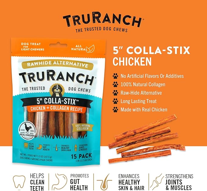 TRURANCH Collagen Sticks - 5" Collagen Sticks for Dogs - Long Lasting Healthy Joint Support Dog Treat - Rawhide Alternative - Skin & Coat Health - Made with Real Chicken, 1 Bag, 15 Count
