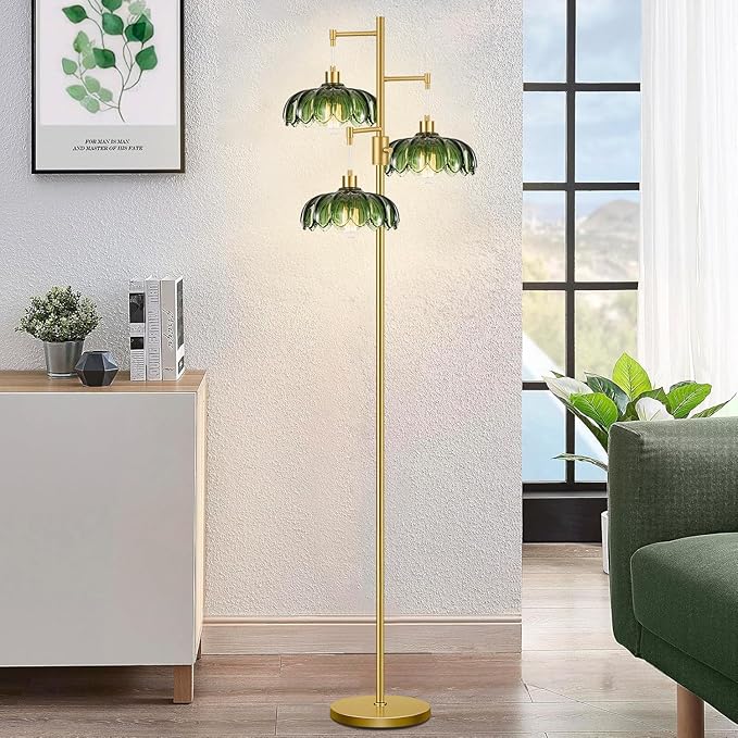 Vintage Floor Lamps for Living Room Bedroom-3 Light Dimmable Gold Floor Lamp with Glass Lampshape, Flower Tall Lamp Modern Mid Century Standing Lamp Green Tree Floor Lamp for Bedroom Corner