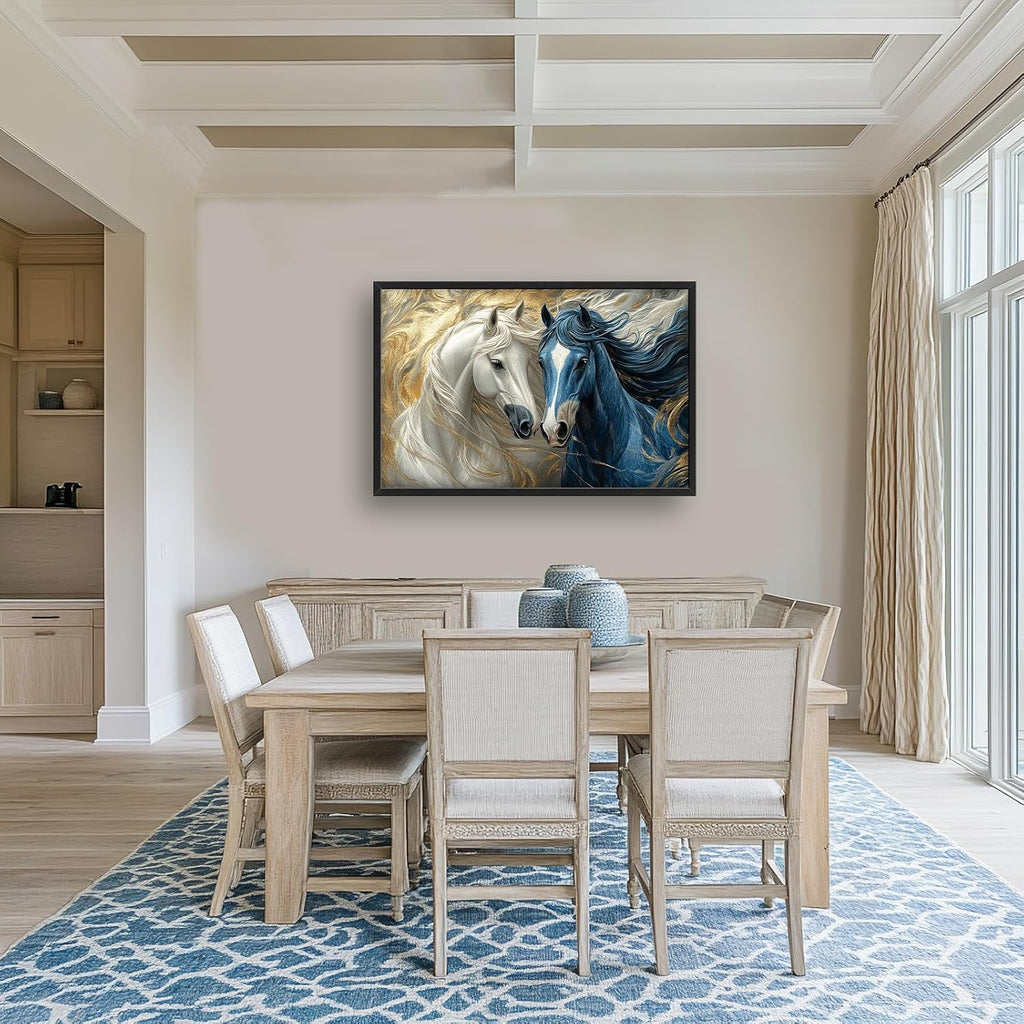 Framed Large Horse Wall Art for Living Room, Oversized Abstract Horses Wall Decor Blue and Golden Canvas Painting Animal Pictures Modern Artwork for Living Room Bedroom Office 36"x24"