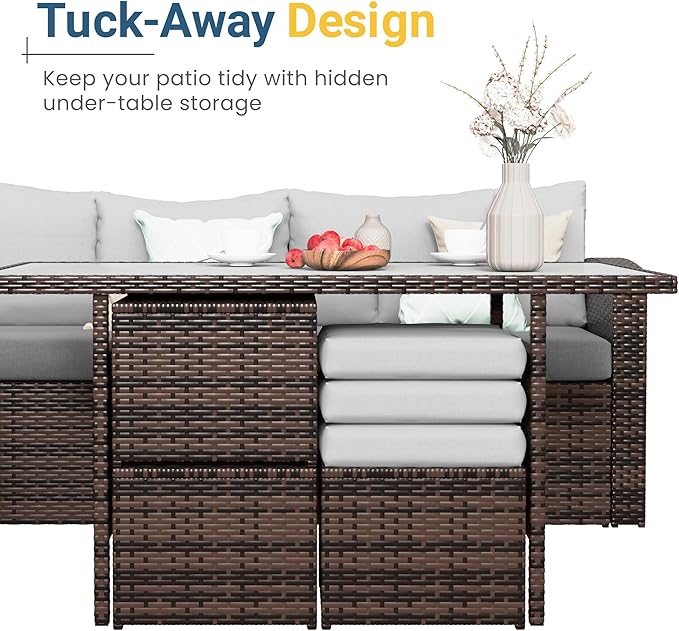 Wisteria Lane 7 Piece Patio Furniture Set, High Curved Back Wicker Outdoor Sectional with Dining Table, All Weather Wicker Outdoor Dining Set, Patio Conversation Set with Ottoman, Grey