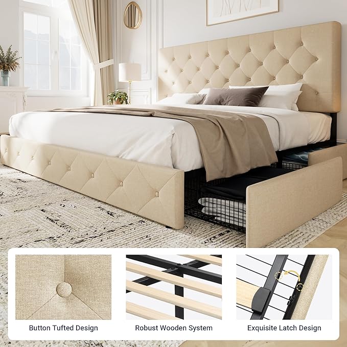 Allewie Upholstered King Size Platform Bed Frame with 4 Storage Drawers and Headboard, Diamond Stitched Button Tufted, Mattress Foundation with Wooden Slats Support, No Box Spring Needed, Beige