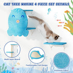 COZIWOW 4-Piece Wall-Mounted Cat Tree Set – Sturdy Wood Pet House, Scratching Board, Platforms, Sisal Posts & Blue Fish Charm – Ocean Blue