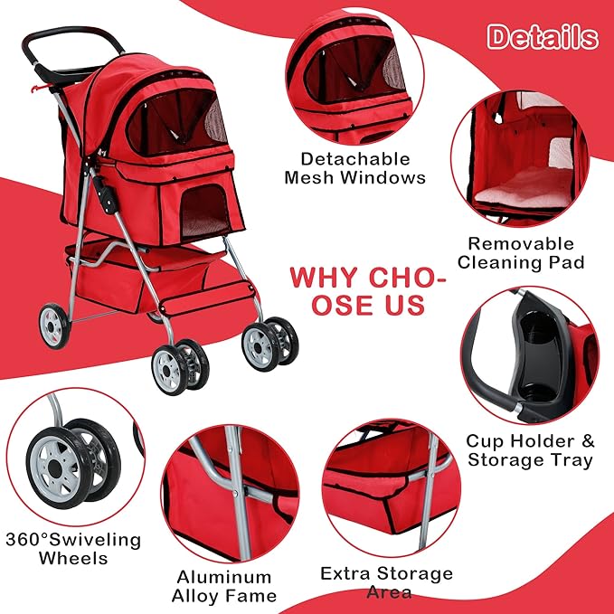4 Wheels Dog Stroller, Foldable Pet Stroller for Small Medium Dogs, Portable Breathable Cat Stroller Dog Strollers with Storage Basket, Cup Holders, Removable Liner for Travel & Outdoor Use, Red