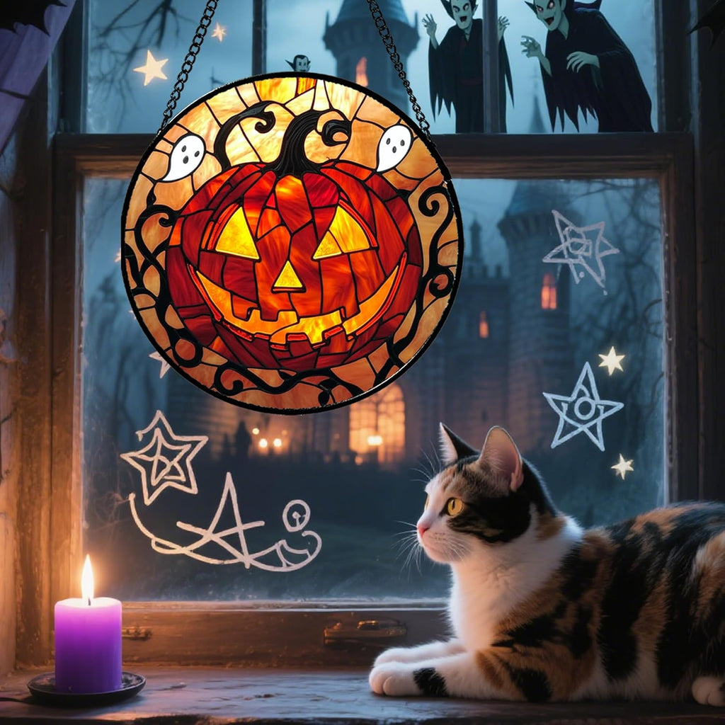 Stained Glass Window Hanging - Halloween Decorations Evil Pumpkin Orange Suncatcher for Doors Garden Indoor Funny Spooky Sun Catchers Gothic Decor Horror Gifts for Women Men Friend 7.8 in