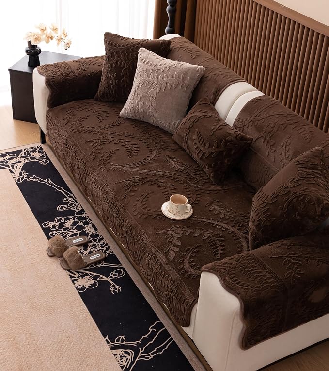 Fuzzy Rabbit Plush Sofa Cover Cozy Warm Sofa Couch Covers with 3D Jacquard Leaf Pattern Non-Slip Easy-to-Install Shaggy Sofa Slipcover Prefect for Kids Dogs Cats Cats(Caramel,36"x47")