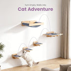 Cat Wall Shelves - Wall Mounted Cat Shelves with Feeding Station | Natural Wood Finish, Solid Pinewood, Gray Carpet, Supports Up to 33 lbs, Stainless Bowls, Dog-proof, Lounging, Climbing