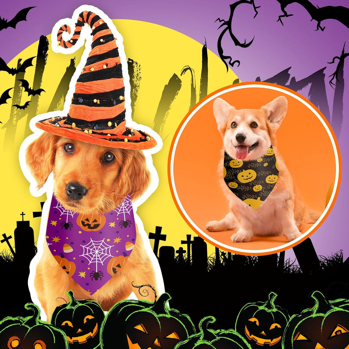 100 Pieces Halloween Dog Bandanas Bulk Pumpkin Ghost Bandanas for Dogs Soft Triangle Bibs Adjustable Triangle for Small Medium Large Pets Halloween Party Costume