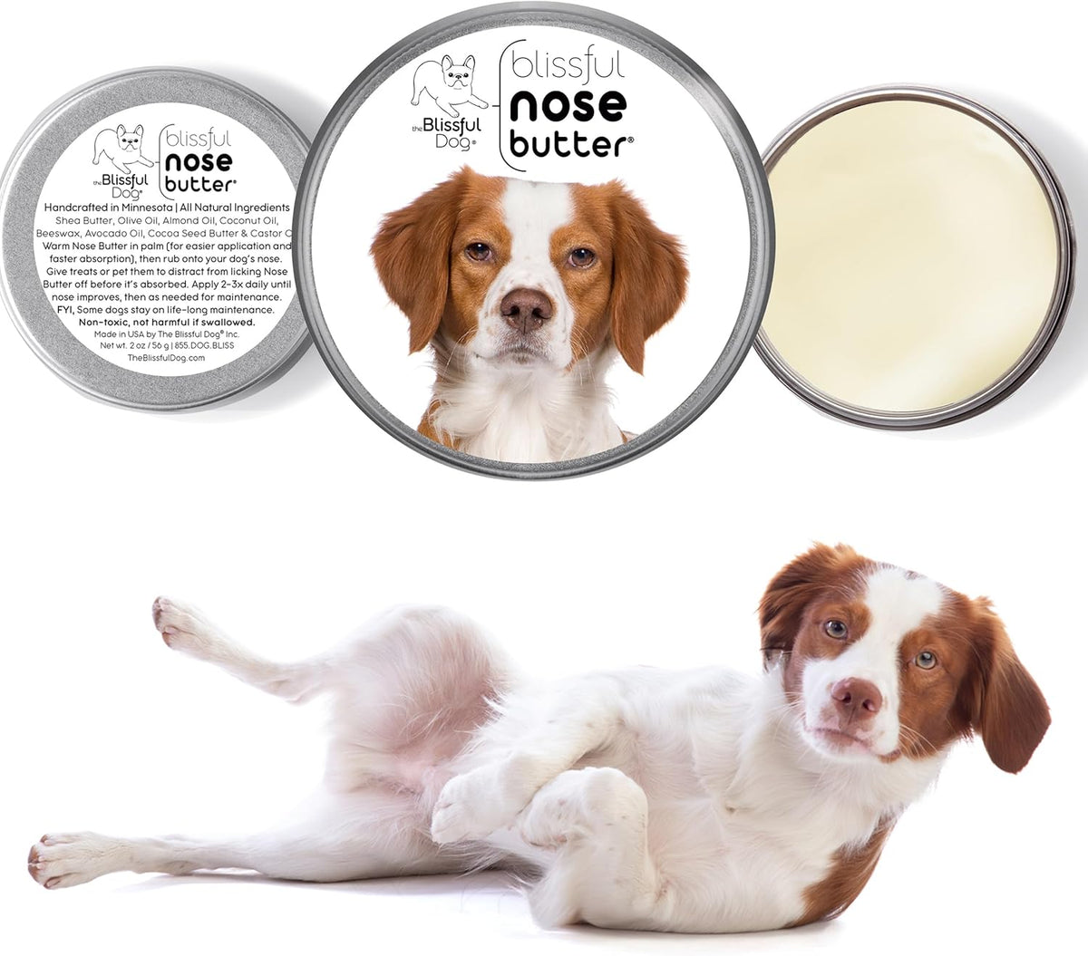 The Blissful Dog Brittany Spaniel Nose Butter for Dry, Cracked Skin, Lick-Safe Dog Nose Balm with Moisturizing Shea Butter, Almond, Olive, and Essential Oils, Pet Supplies, Uncented, 8 oz.