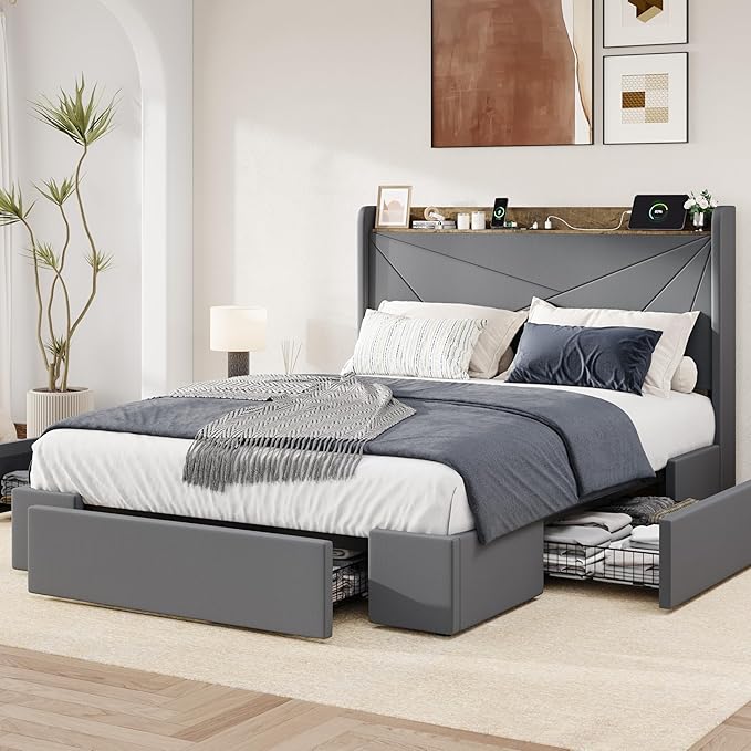Allewie Full Size Velvet Bed Frame with 3 Storage Drawers, Upholstered Platform Bed with Wingback Storage Headboard and USB Ports, No Box Spring Needed, Easy Assembly, Grey