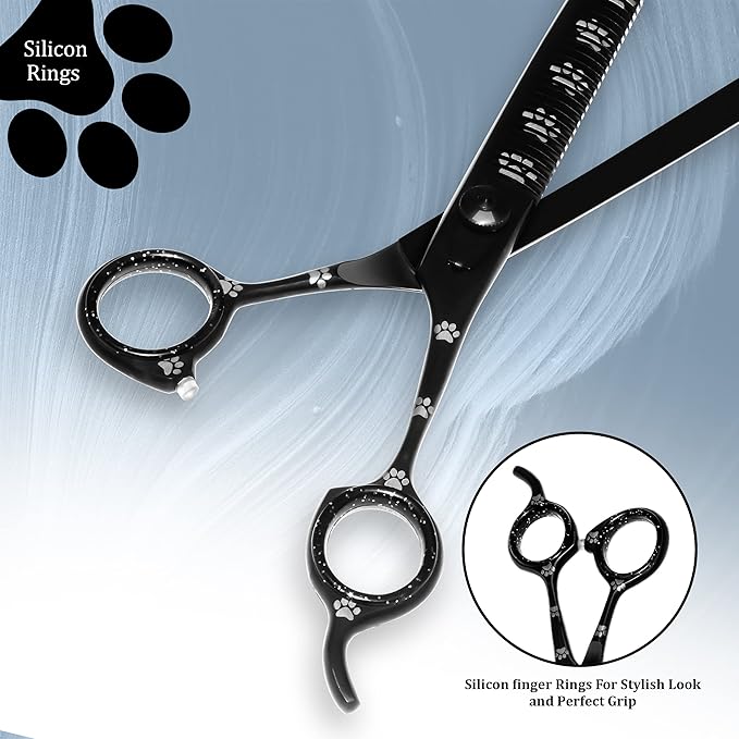 Professional Dog Grooming Thinning Scissors/Blender Shears with Paw Prints for Dogs, Cats & Pets (Right Handed, Black, Stainless Steel 8 Inch)