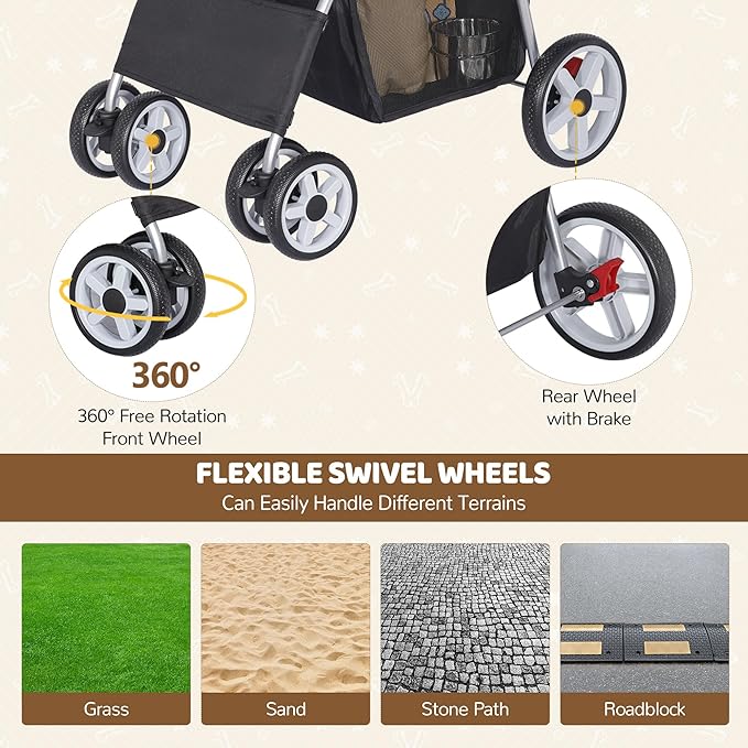 ZENY Foldable Pet Stroller, Cat/Dog Stroller with 4 Wheel, Pet Travel Carrier Strolling Cart with Storage Basket, Cup Holder (Black)