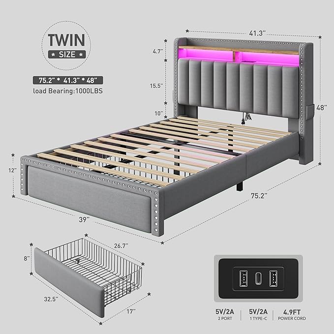 EnHomee Twin Size Bed Frame with One Large Storage Headboard & Charging Station, LED Platform Bed Frame with Storage Drawer, Sturdy Wooden Slats Support, Noise-Free, No Box Spring Needed, Grey