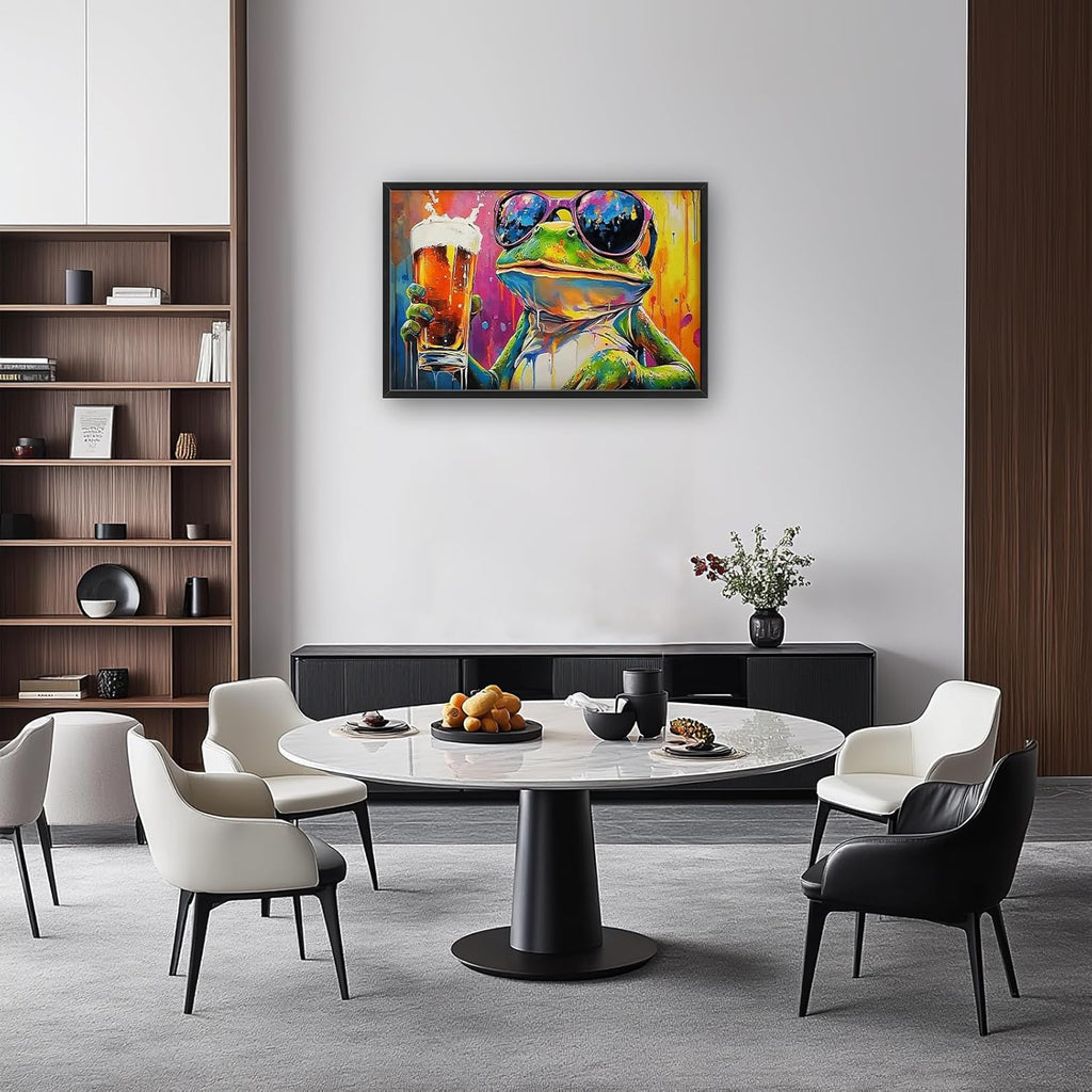 Large Graffiti Frog Wall Art for Living Room, Framed Oversized Funny Frog Beer Wall Decor Colorful Animal Canvas Painting Modern Artwork for Bathroom Bedroom Office Dining Room 36"x24"