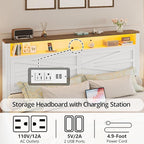 IRONCK Farmhouse Full Size Bed Frame with LED Light and Charging Station, Wood Bed Frame with Storage Headboard and 2 Drawers， Barn Door Design, Sturdy and Noiseless, White