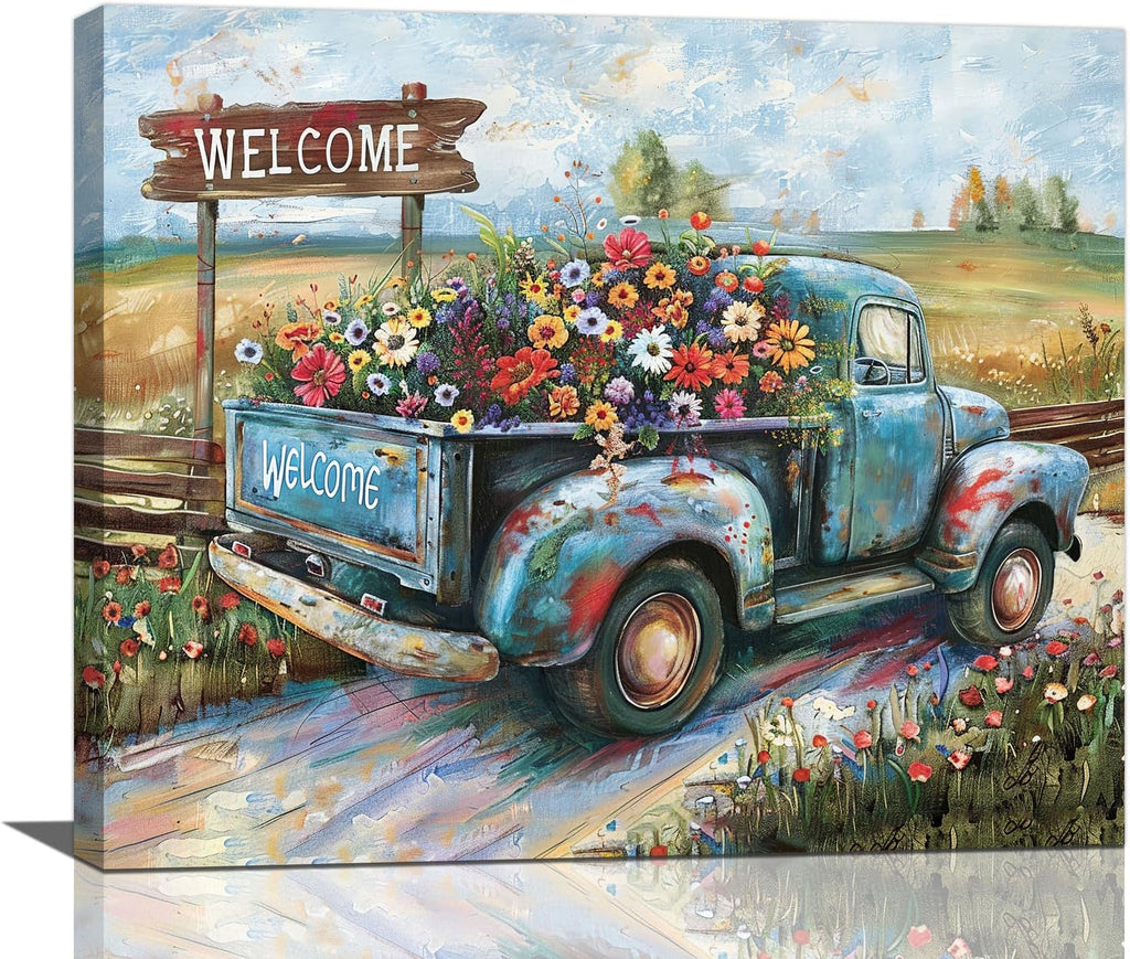 Farmhouse Truck Wall Art Rustic Country Wildflowers Wall Decor Road Flowers Landscape Pictures Canvas Print Painting Artwork for Bathroom Living Room Bedroom 20"x24"